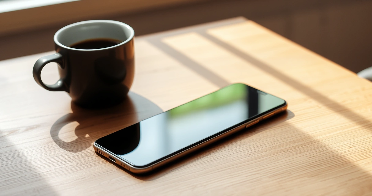 Celular sobre uma mesa de madeira, ao lado de uma xícara de café