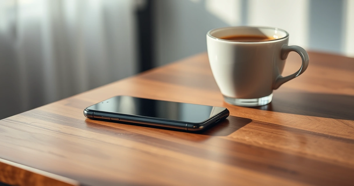 Celular sobre uma mesa de madeira, ao lado de uma xícara de café