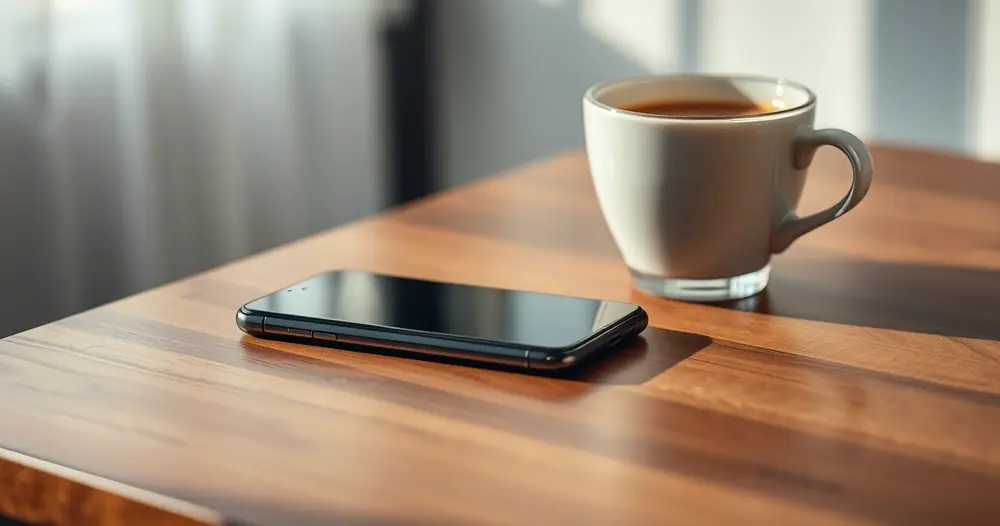Celular sobre uma mesa de madeira, ao lado de uma xícara de café