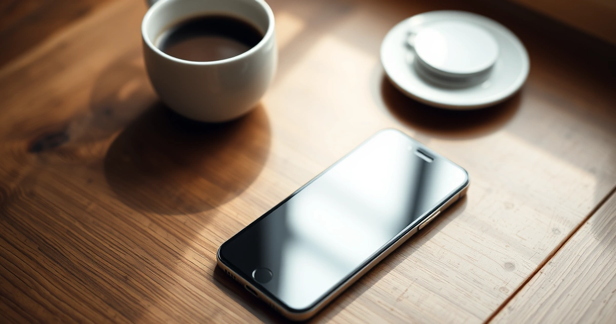Celular sobre uma mesa de madeira, ao lado de uma xícara de café