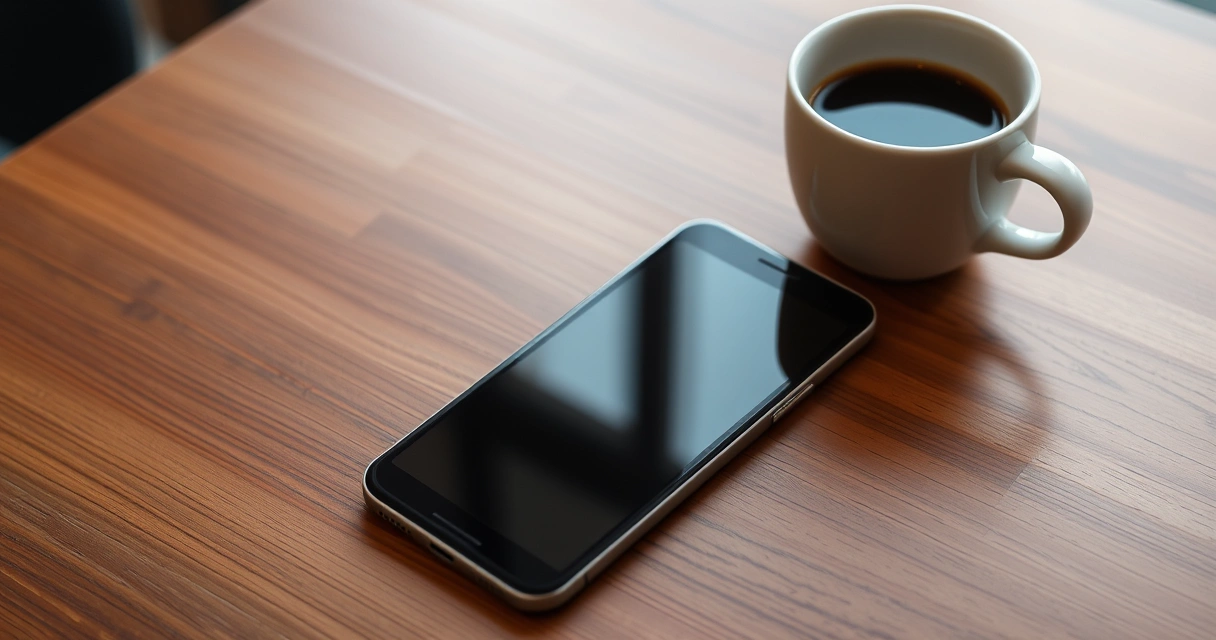 Celular sobre uma mesa de madeira, ao lado de uma xícara de café