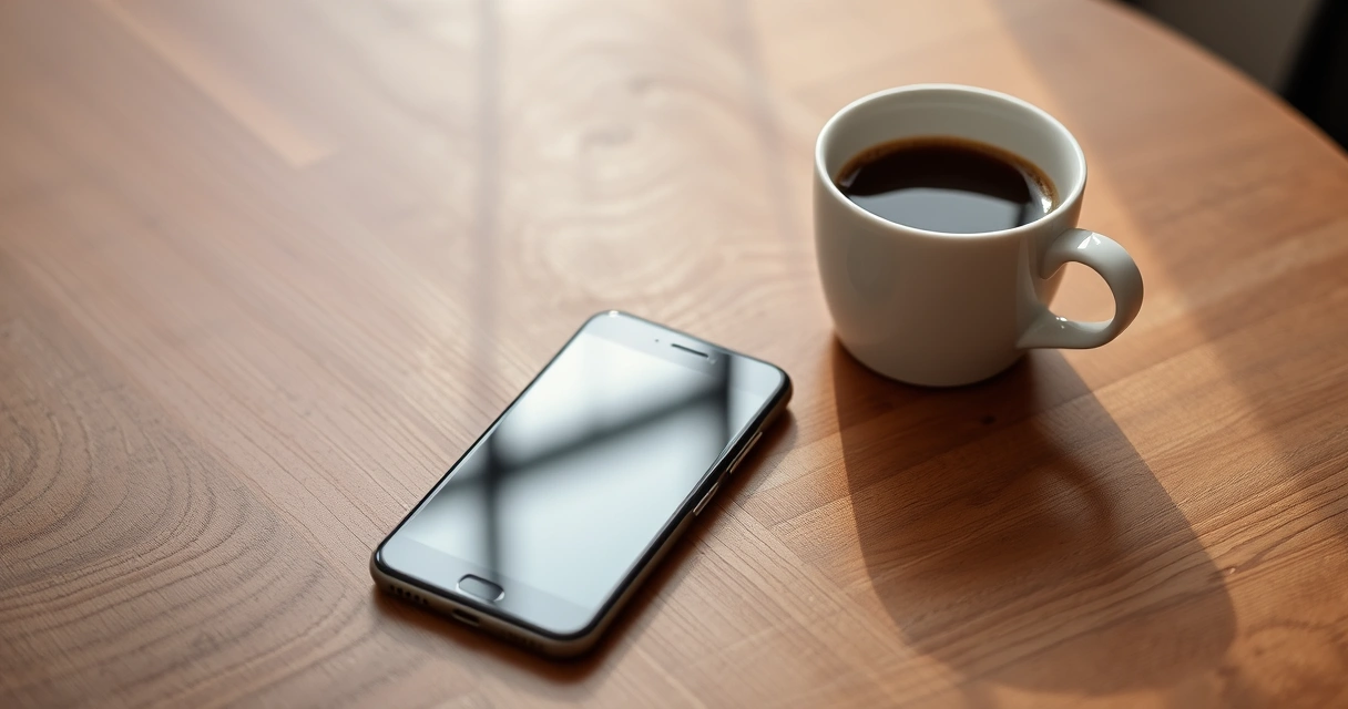 Celular sobre uma mesa de madeira, ao lado de uma xícara de café