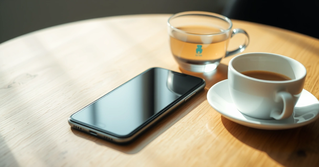 Celular sobre uma mesa de madeira, ao lado de uma xícara de café