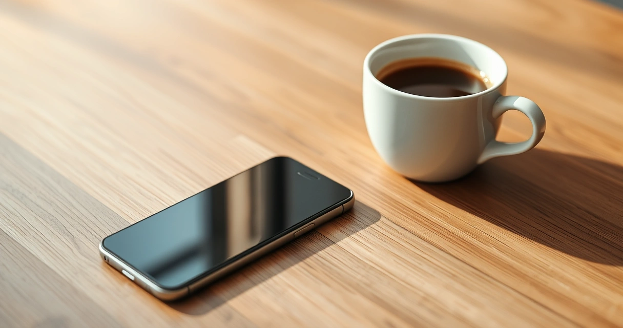 Celular sobre uma mesa de madeira, ao lado de uma xícara de café