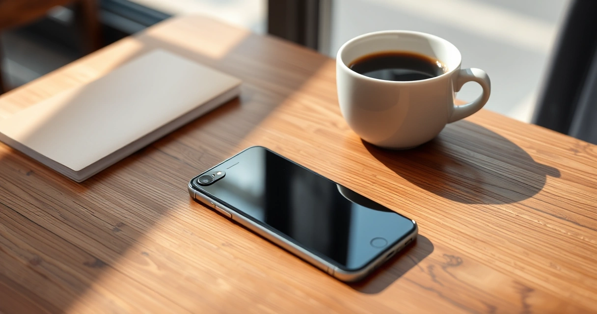 Celular sobre uma mesa de madeira, ao lado de uma xícara de café