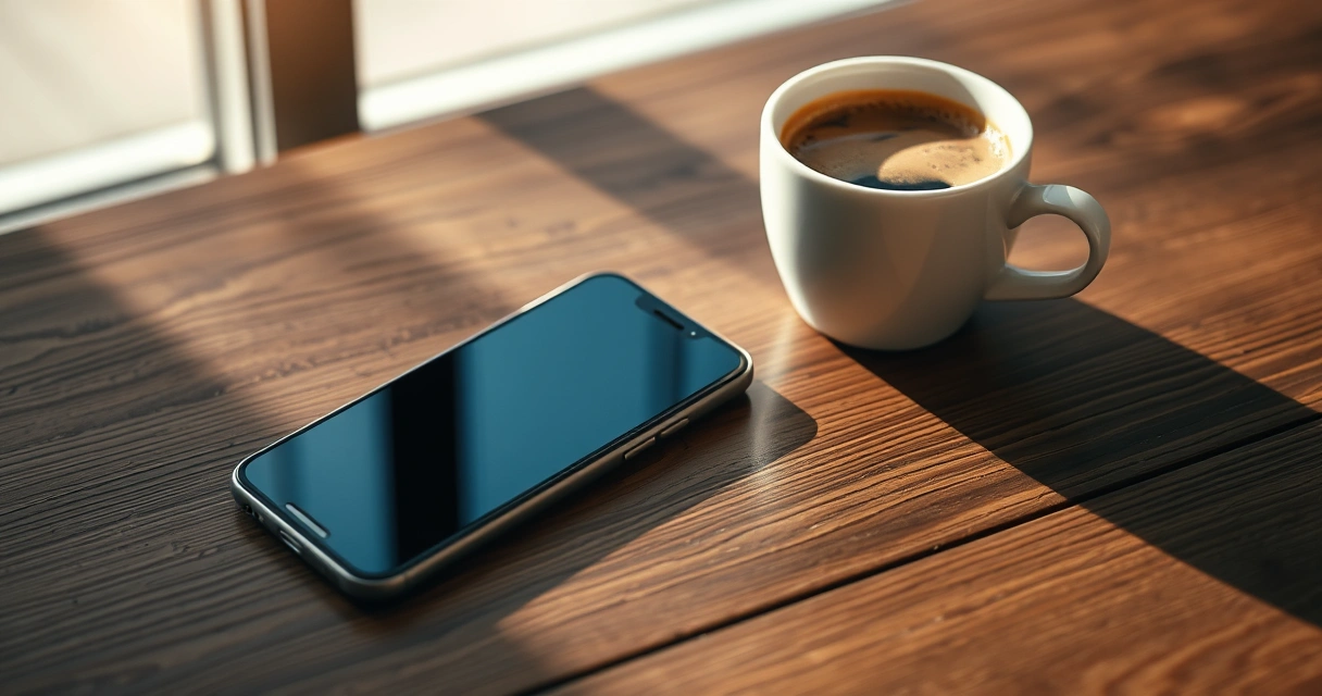Celular sobre uma mesa de madeira, ao lado de uma xícara de café