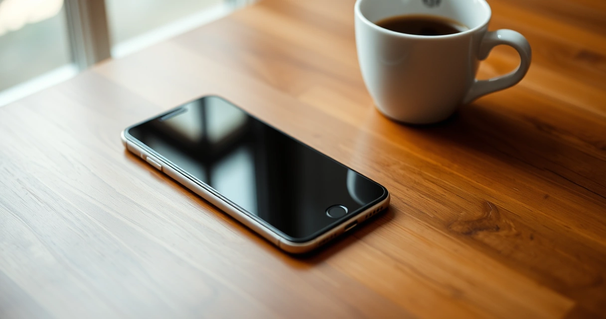 Celular sobre uma mesa de madeira, ao lado de uma xícara de café