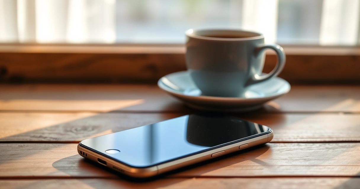 Celular sobre uma mesa de madeira, ao lado de uma xícara de café