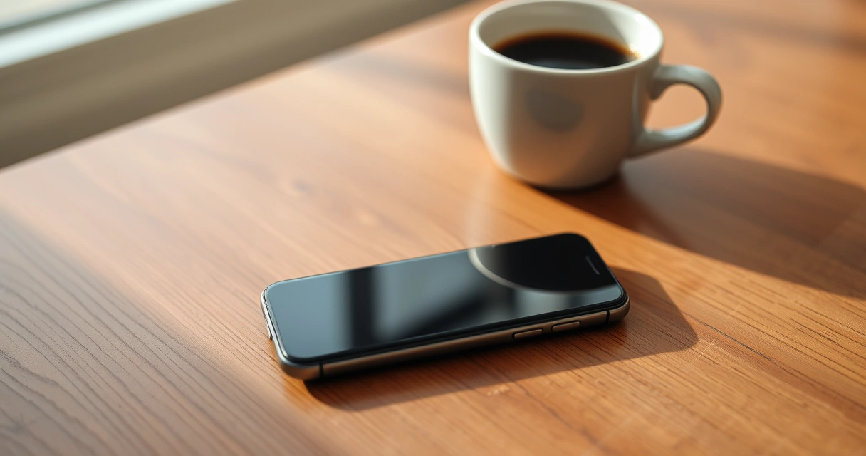 Celular sobre uma mesa de madeira, ao lado de uma xícara de café