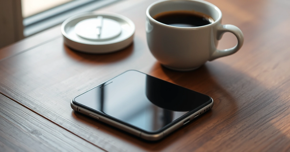 Celular sobre uma mesa de madeira, ao lado de uma xícara de café