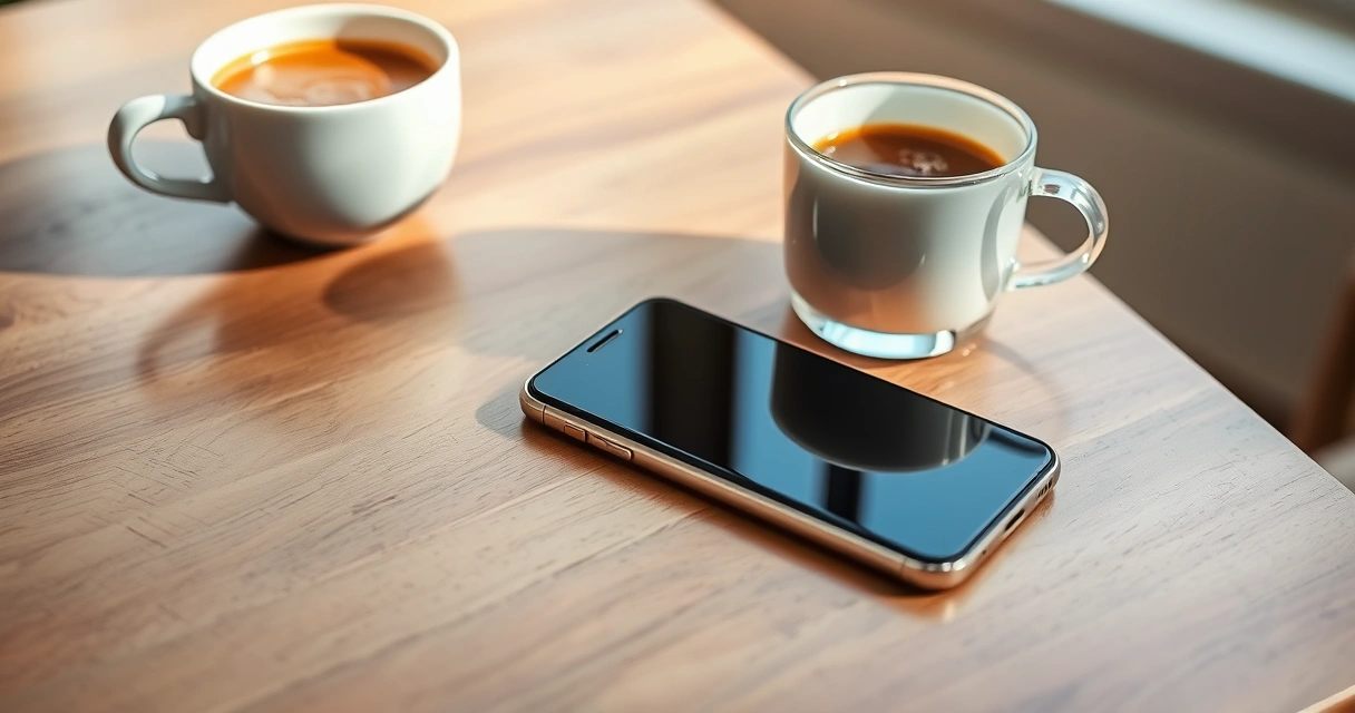 Celular sobre uma mesa de madeira, ao lado de uma xícara de café