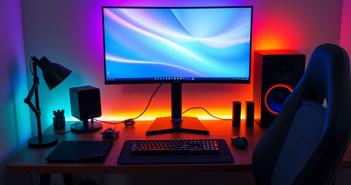 Mesa de jogo com monitor, teclado e iluminação colorida