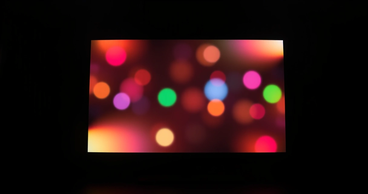 Monitor grande aceso num quarto escuro, com luz colorida
