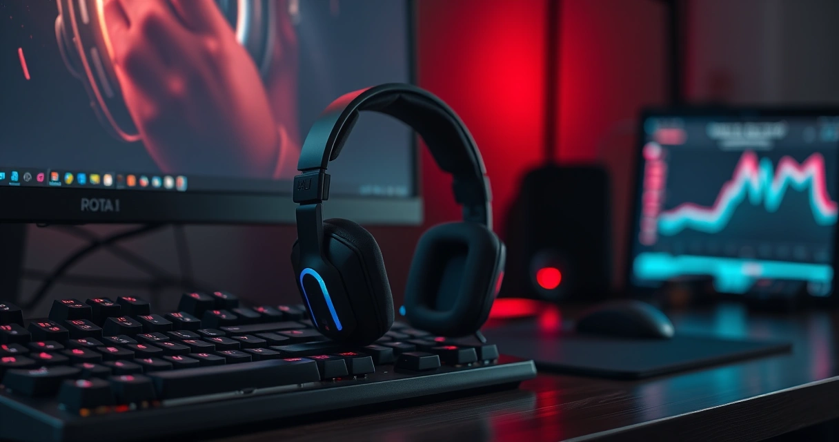 Headset gamer sobre a mesa, ao lado do teclado