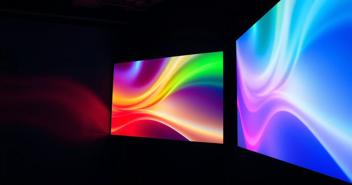 Monitor grande aceso num quarto escuro, com luz colorida
