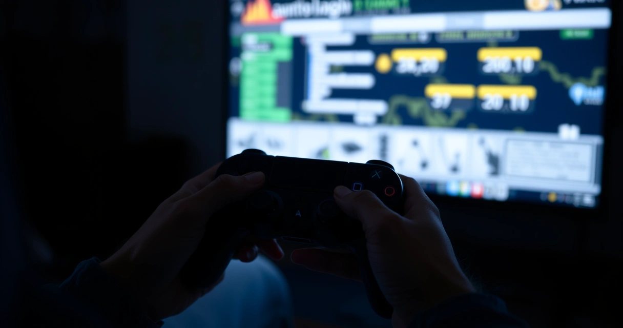 Mãos segurando um controle de videogame num ambiente escuro