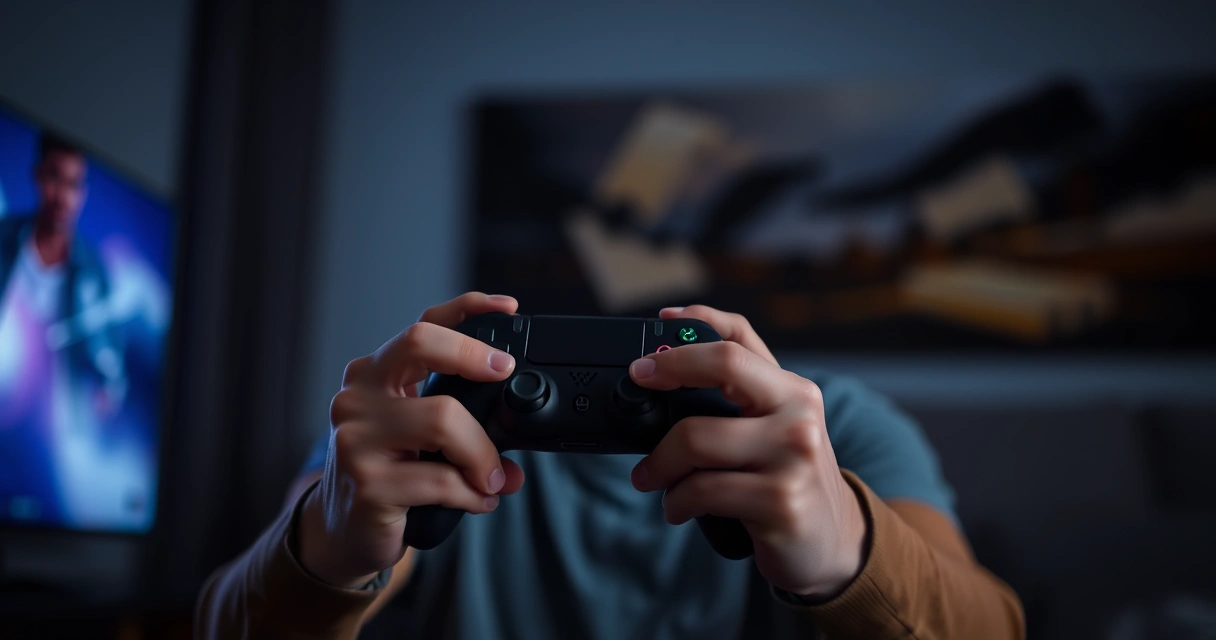 Mãos segurando um controle de videogame, com o brilho da tela ao fundo