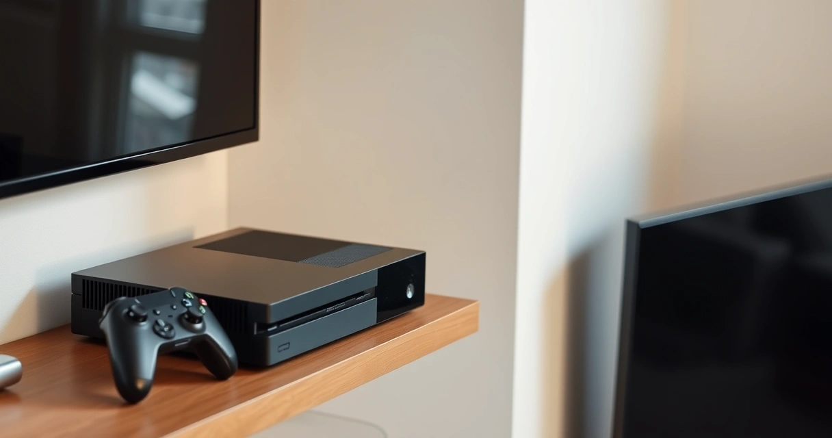 Console de videogame numa estante, ao lado da televisão