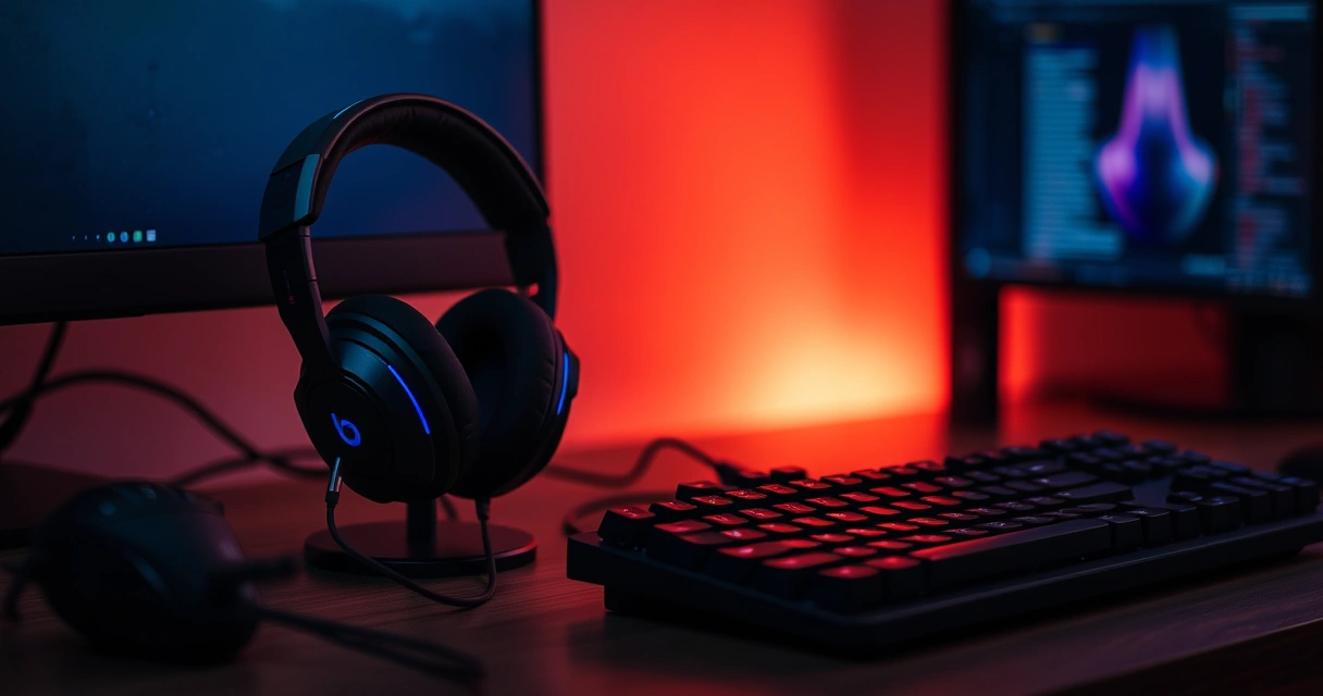 Headset gamer sobre a mesa, ao lado do teclado