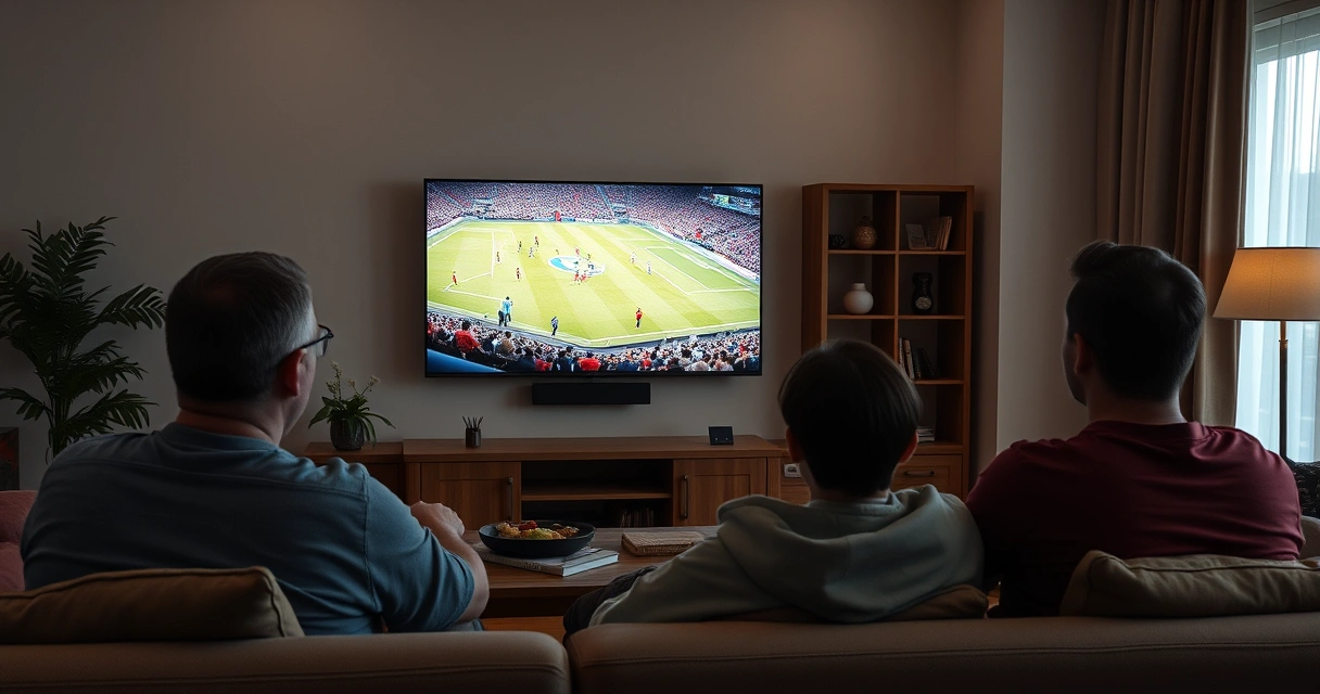 televisão da sala exibindo partida de futebol com torcedores no sofá