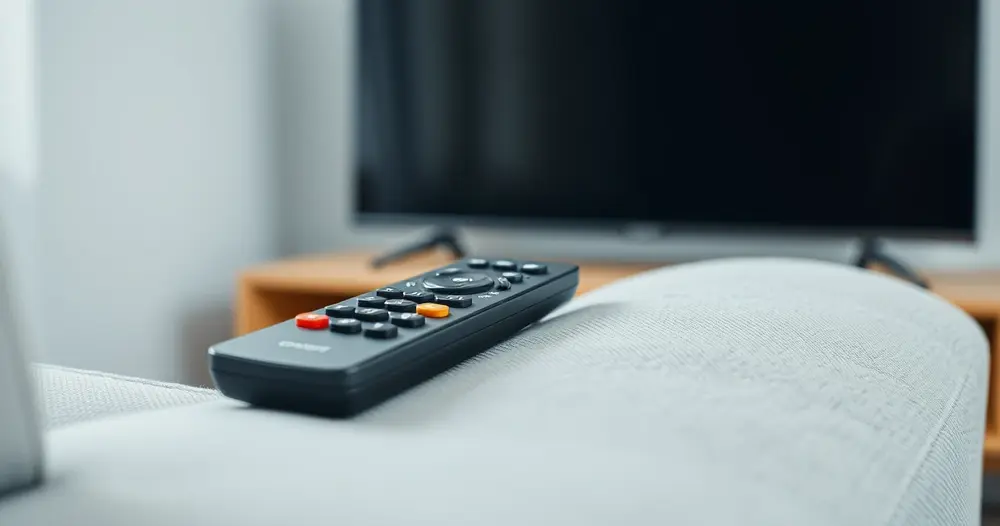 controle remoto de televisão apoiado no braço de um sofá claro