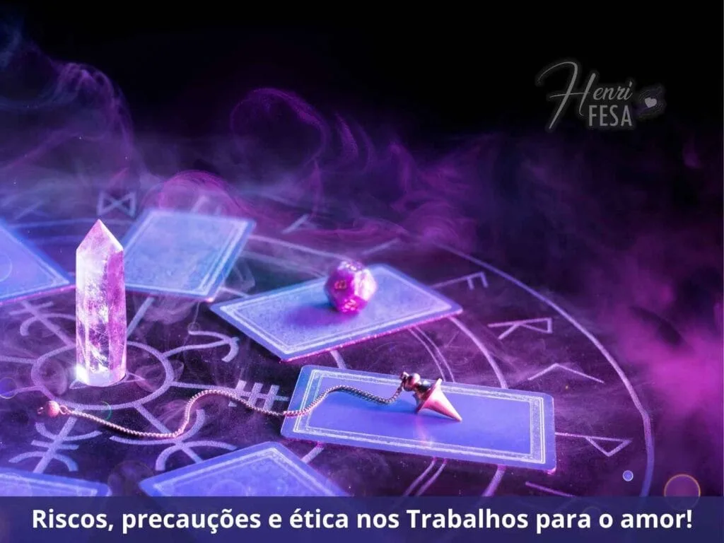 Imagem ilustrativa de uma mesa com símbolos místicos em círculo, cristais e cartas de tarot.