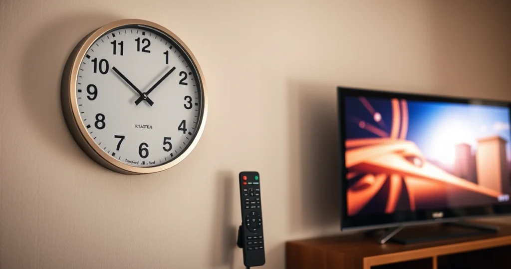 relógio ao lado de controle remoto e televisão ligada na sala